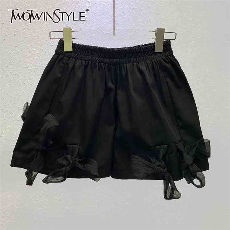 

Black Casual Loose Short For Women Elastic High Waist Patchwork Bowknot Minimalist Shorts Female Summer Fashion 210521
