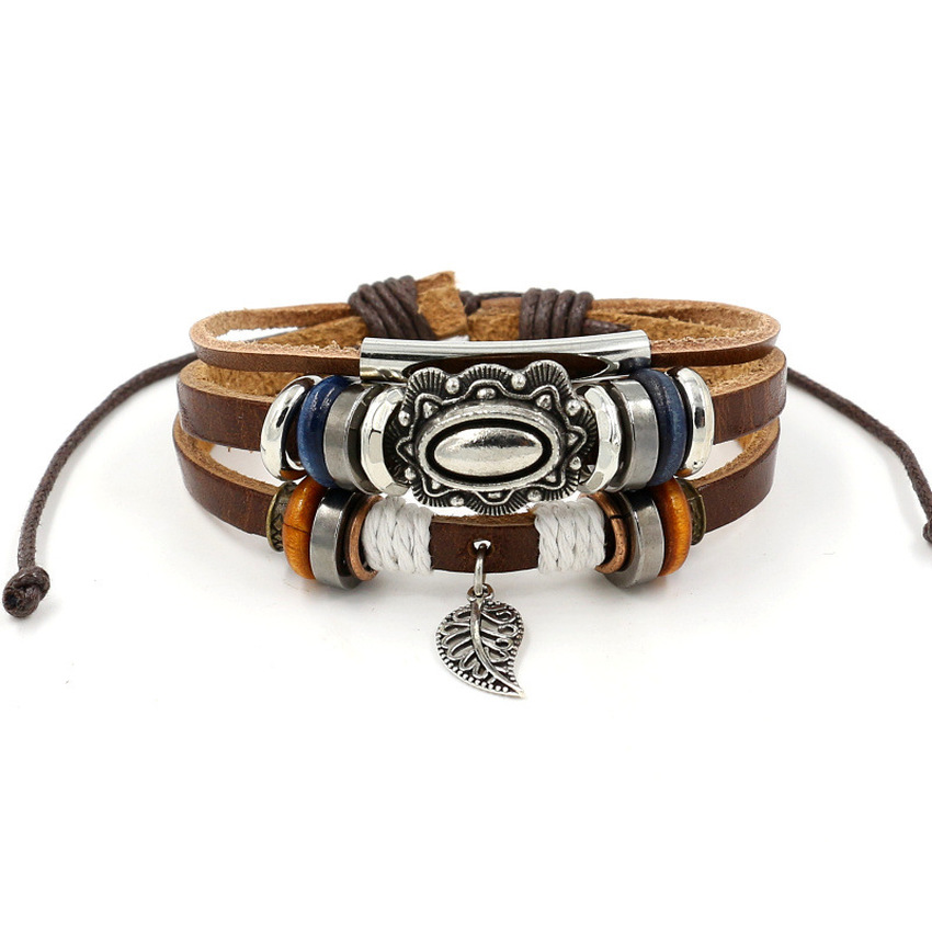 

Multilayer wrap leather bracelet Leaf charm pull string adjustable bracelets bangle cuff for women men fashion jewelry, Golden;silver