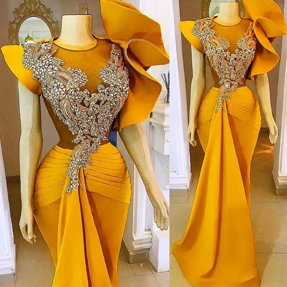 

2022 New Year's Luxury Crystals Yellow Mermaid Prom Dresses Satin Sexy Bodice Custom Made Designer Jewel Neck Ruched Pleats Plus Size Evening Party Gown, Light yellow