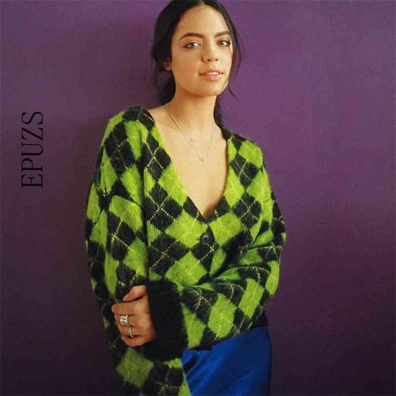 

Autumn Vintage argyle knitted cardigans women sweaters kawaii mohair winter korean clothes 210521, Green