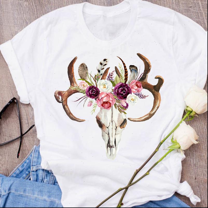 

graphic print skull heifer women bull floral cute clothing 90s clothes tees female t shirt womens, White
