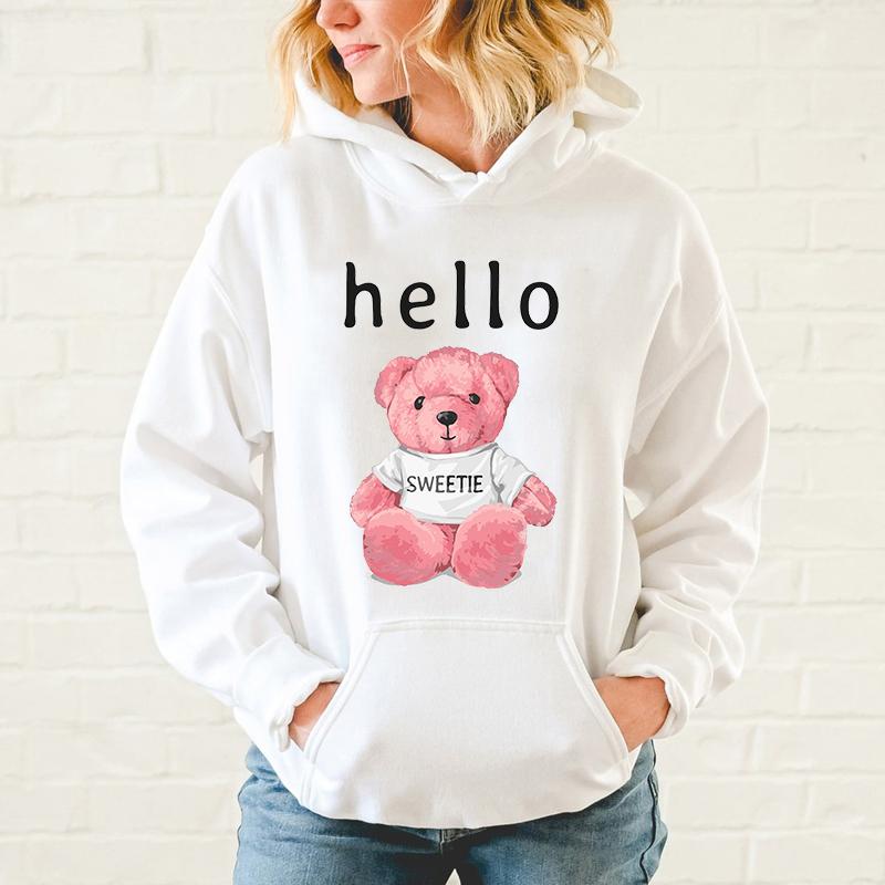 

Women's Hoodies & Sweatshirts Pink Teddy Bear Personality Print Women Fashion Hoodie Warm Wool Casual Long Sleeve Pullover Harajuku Hip Hop, Black