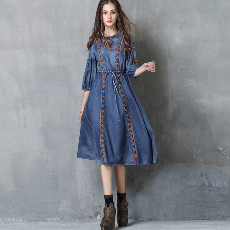 

Johnature Autumn Retro Fashion Solid Color O-neck Embroidery Denim Dress Leisure Comfortable Half Sleeve Women Dresses 210521, Blue