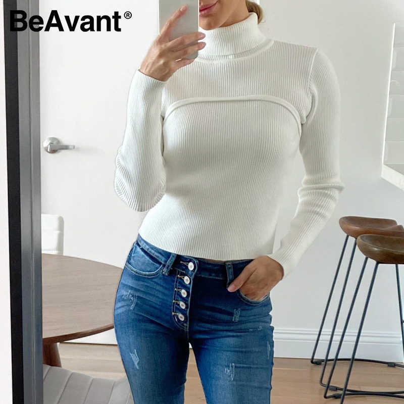

BeAvant Casual turtleneck women sweaters Long sleeve splicing flexible female knitted sweater Solid color short pullover jumper 210709, White