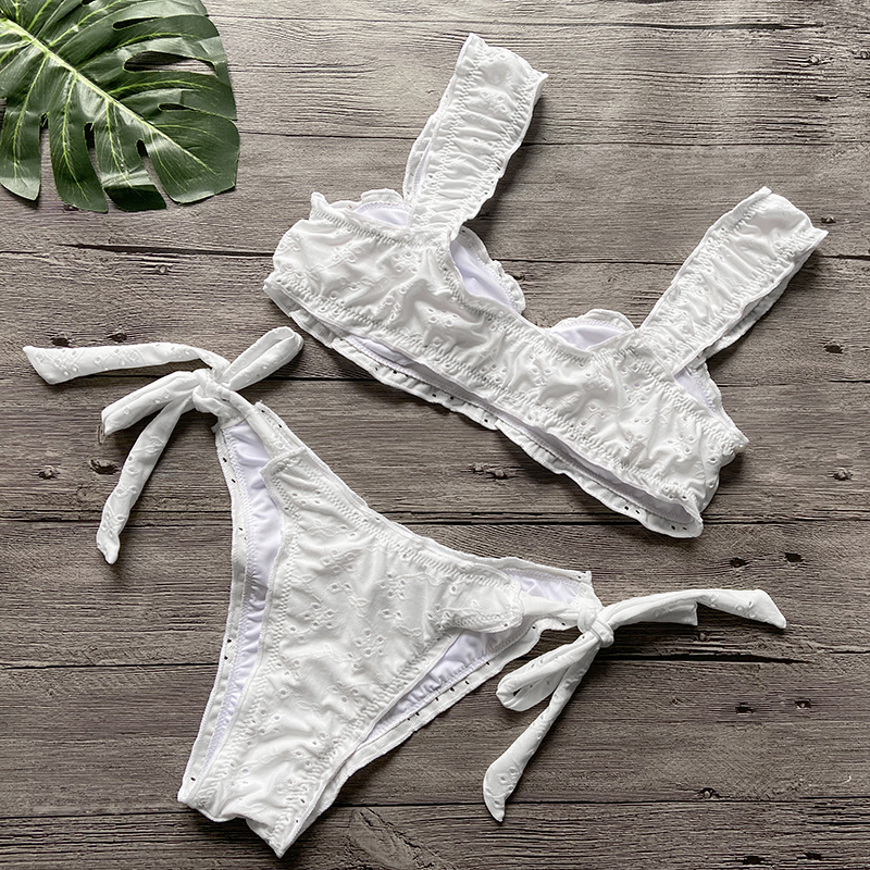 

2021women bikini sets solid color ruffled swimwear bathing suits 2 piece split push up bandage beachwear mujer thong biquini, White;black