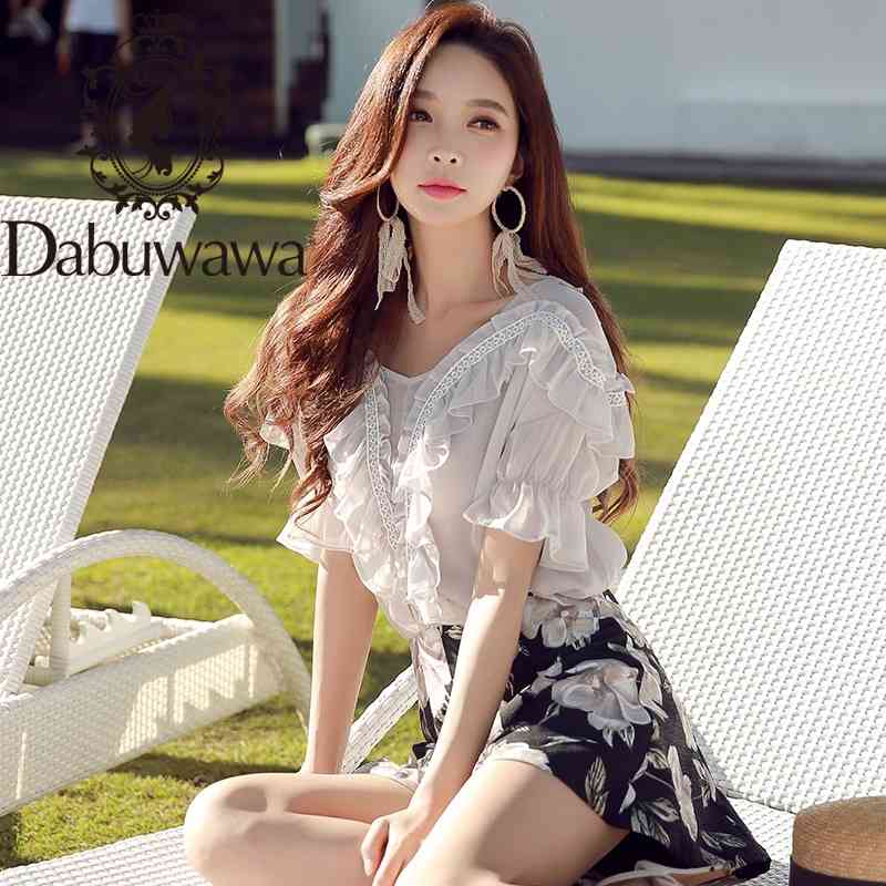 

Dabuwawa Exclusive Summer Sweet Solid Chiffon Blouse Women Elegant Ruffle Short Sleeve V-Neck Shirts Tops Ladies DO1BCF005 210520, Light grey