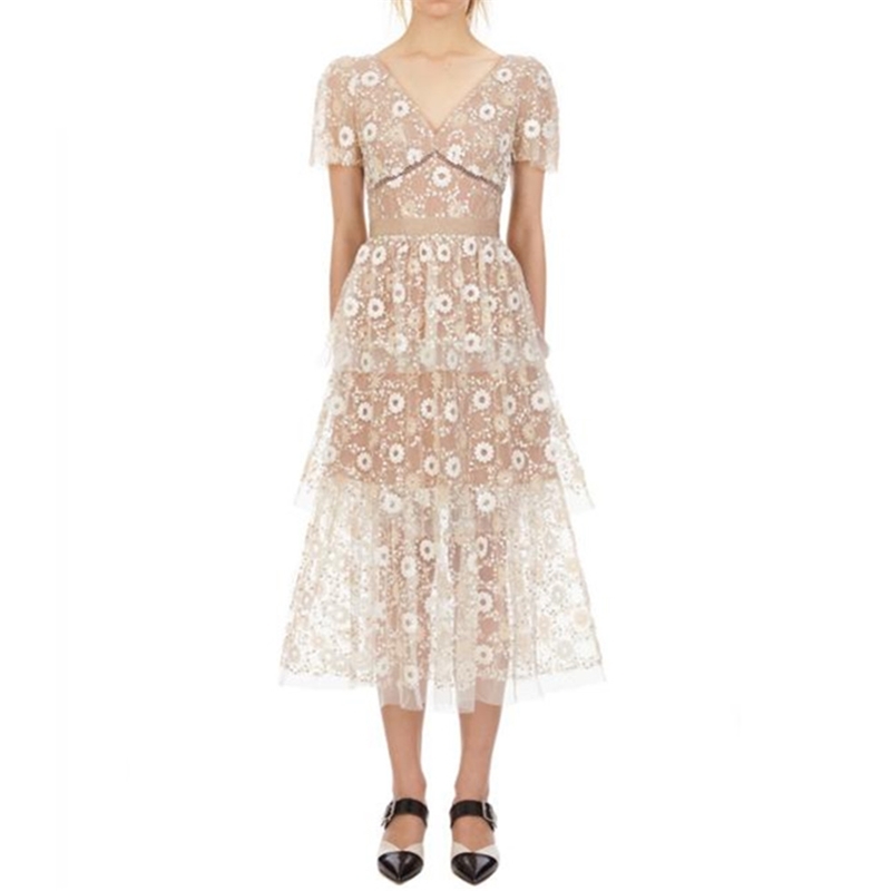 

High Quality Luxury Design Runway Dress Fashion Summer Women's Mesh Embroidery Sequins Short-Sleeved Long Dresses 210520, Photo color
