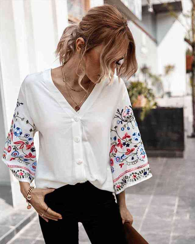 

white nine quarter sleeve embroidery womens blouses button fashion v neck korean style mujer