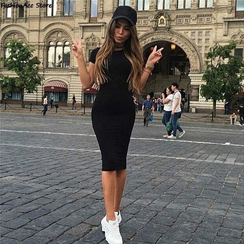 

Party Dresses Summer Women Knee-Length Skinny Office Dress Short Sleeve Bandage Bodycon Beach Vestidos Robes, Bk