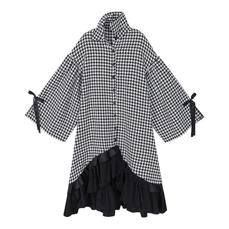 

Casual Dresses 2021 Winter Women's Color Matching Lapel Pleated Big Hem Padded Shirt Skirt Mid-length Ruffle Dress W25, Black;gray
