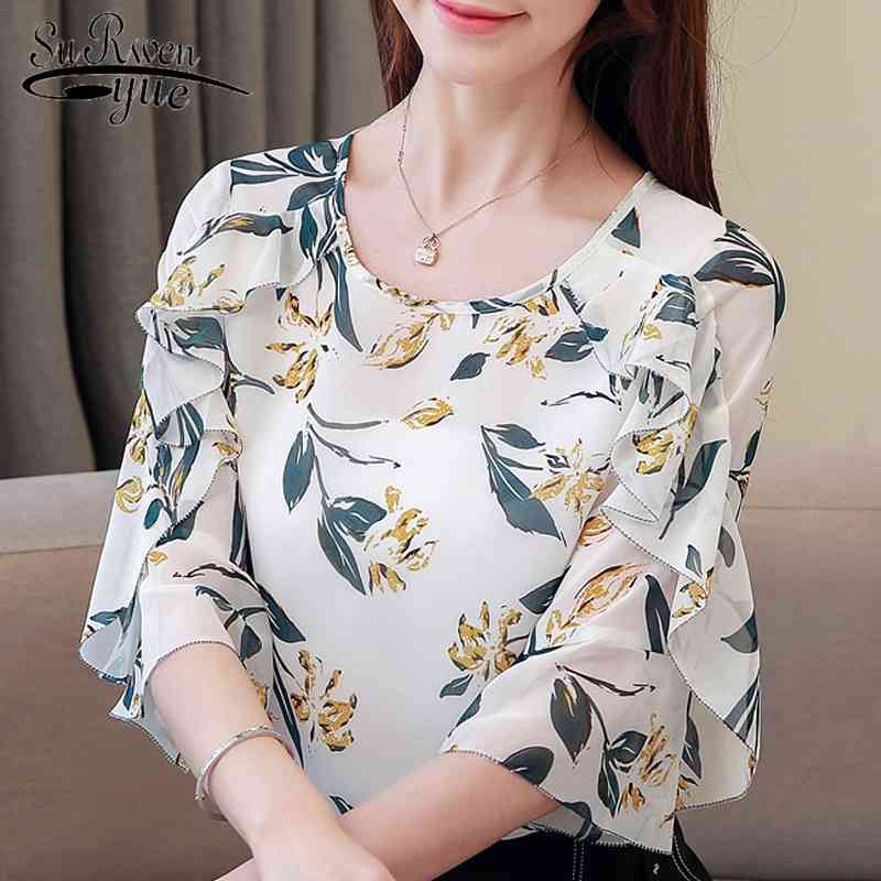 

summer ruffles floral print blouse butterfly sleeve O-neck chiffon blouse camisas mujer blouses woman top female 4777 50 210518, Mixed