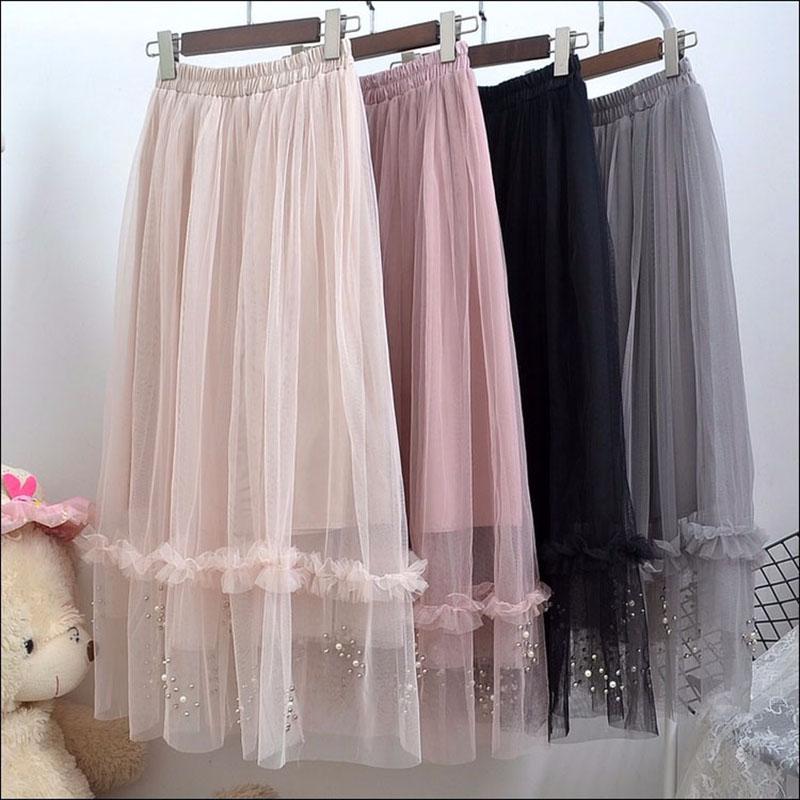 

Skirts Lace Beaded Skirt 2021 Spring Elastic Waist Mesh Large Swing A Type Long A-Line, Beige