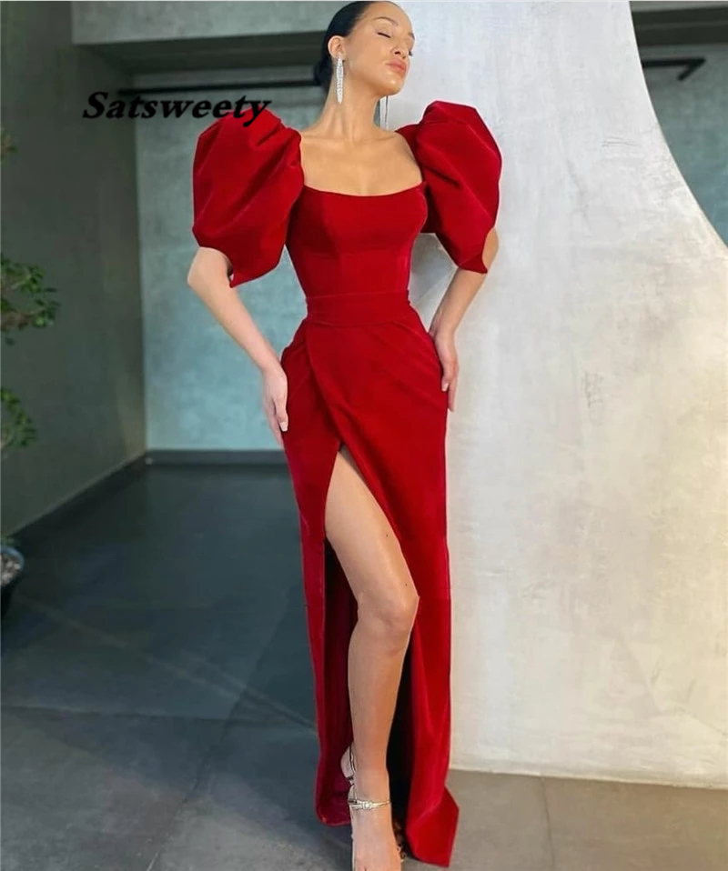 

Wine Red Velour Long Evening Dress Puff Sleeves Square Neck High Side Slit Floor Length Dubai Party Prom Gown, Lavender