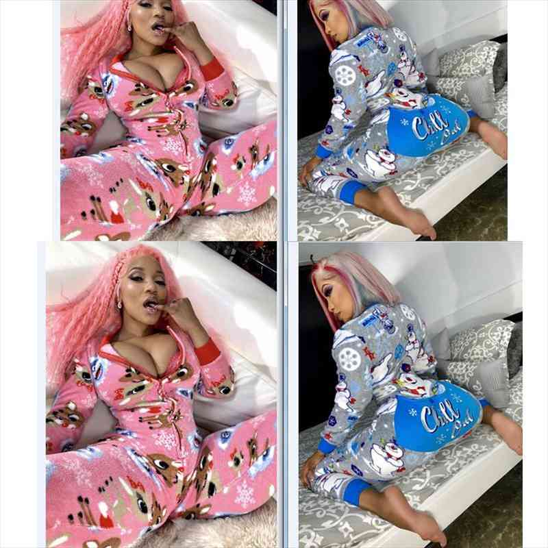 

women autumn outfit pajamas deer snowman printing long-sleeves casual jumpsuit with zipper romper for girls christmas clothes, Black;white