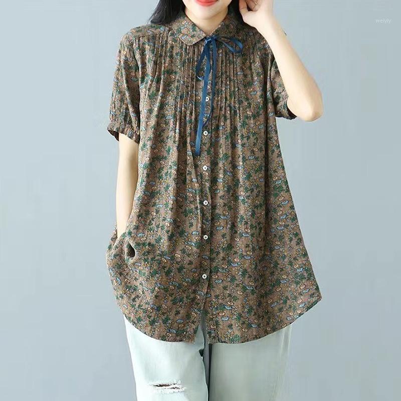 

Women's Blouses & Shirts Retro Floral Shirt Cotton Linen Drawstring Lapel Folded Short Sleeve Mid-length 2021 Summer, Blue