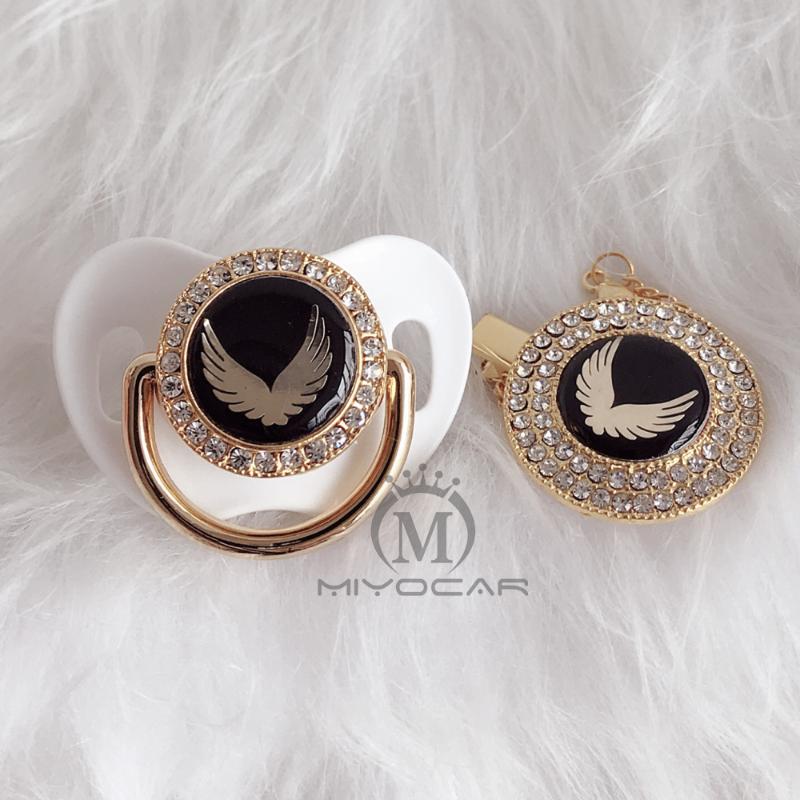 

Pacifiers# MIYOCAR Pink Gold Lovely Wing Beautiful Bling Pacifier And Clip BPA Free Dummy Unique Design GWG