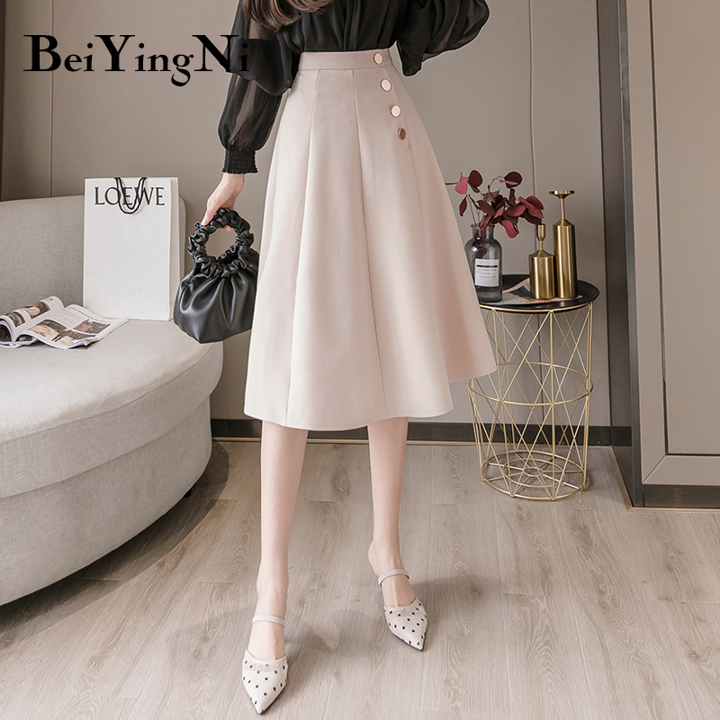

Beiyingni Swing Women Skirt Buttons Elegant Korean Casual Solid Color High Street Skirts Woman Spring Summer Saias Mujer Faldas, Apricot