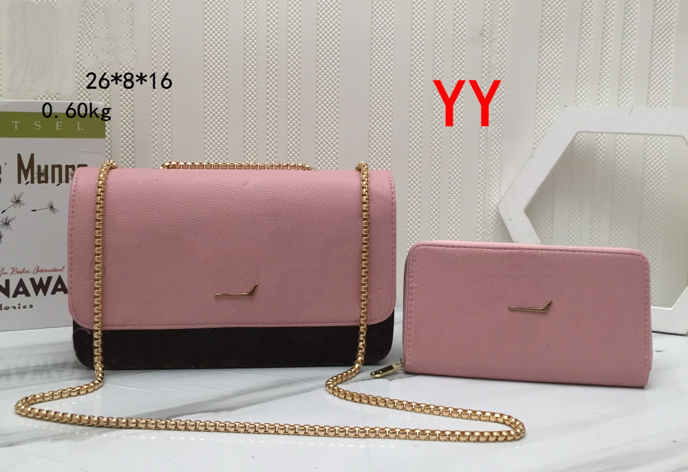 

High Quality 2pcs Fashion Shoulder Brown Bags Handbags Metal Chain Crossbody Bag wallet Handbag Bag Wallet Women Flip Cover Messenger Baga pink, 28x8x16 cm