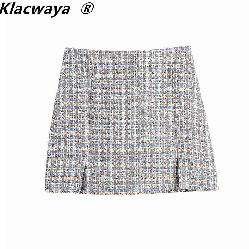 

Women Chic Fashion Front Slits Tweed Mini Skirt Vintage High Waist Side Zipper Female Skirts Mujer 210521, Blue