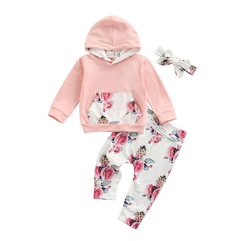 

Clothing Sets Toddler Baby's Clothes Girl Stylish Outfits Pocket Long Sleeve Hooded Tops Floral Print Pant Headband 3Pcs Children's, White
