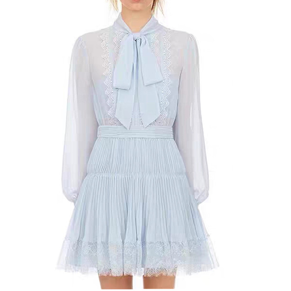 

ZAWFL Patchwork Hit Color Dress Female O Neck Lantern Sleeve High Waist Lace Up Bowknot Mini Dresses Women Clothes 210525, Picture color