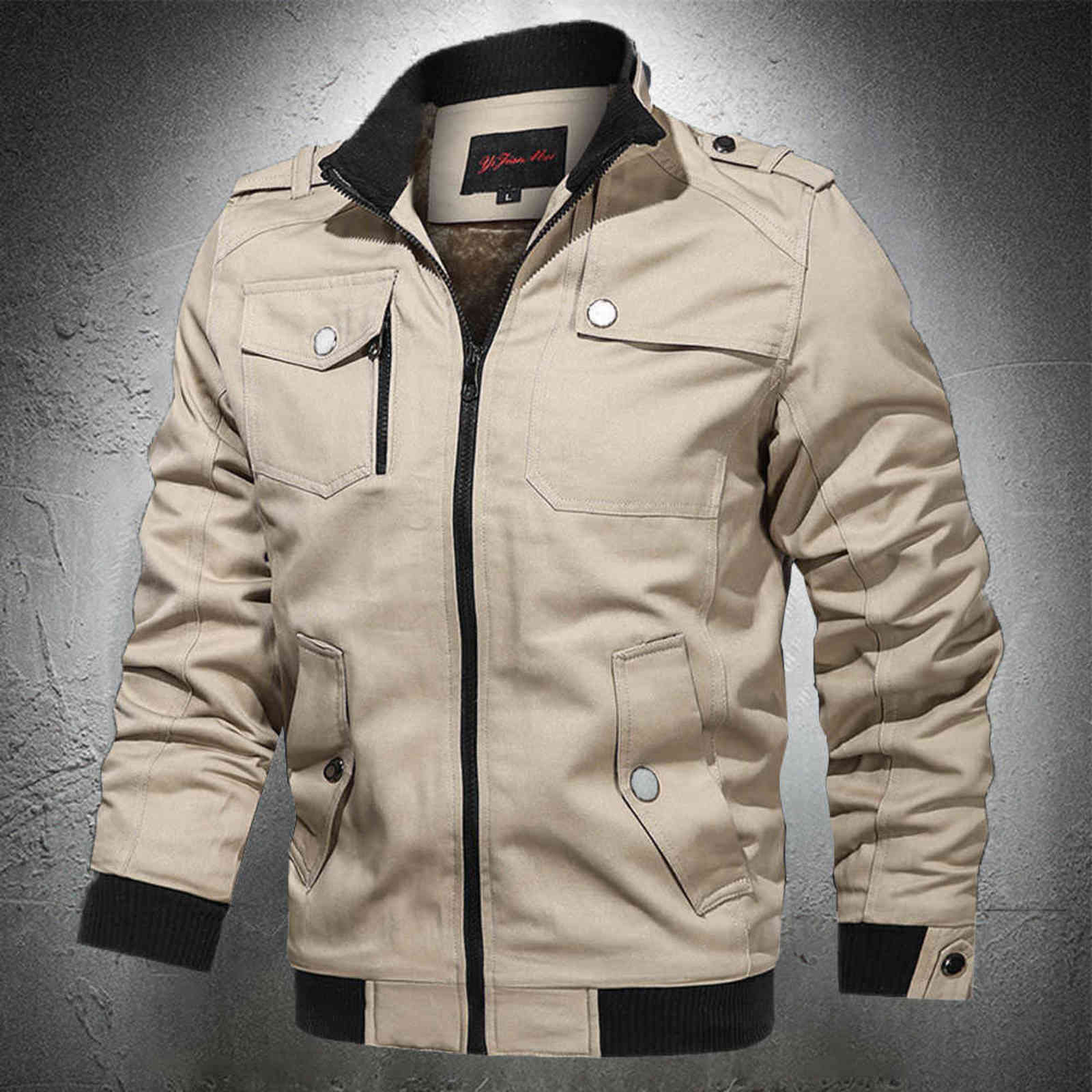 

Mens Jacket Autumn Military Jacket Men Solid Color Tactical Casual Trucker Coat Men Bomber Jacket Khaki Coat Fleece Lined Slim Y1103, Black