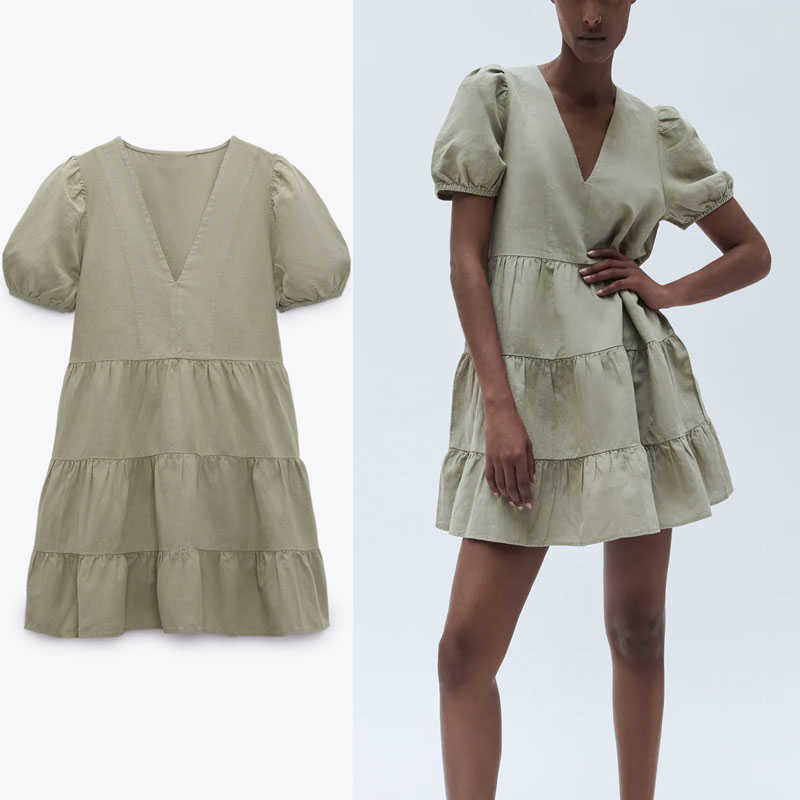 

Za Linen Tiered Summer Dress Women Short Puff Sleeve V Neck Vintage Loose Mini Dresses Woman Ruffle Hem Casual Pleat Dress 210602, As picture