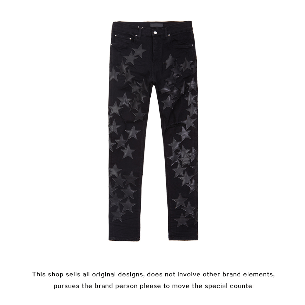 

Fog AMIR fashion brand covered with stars, five pointed stars, patched leather, holes, washing water, old jeans, men's high street, Black