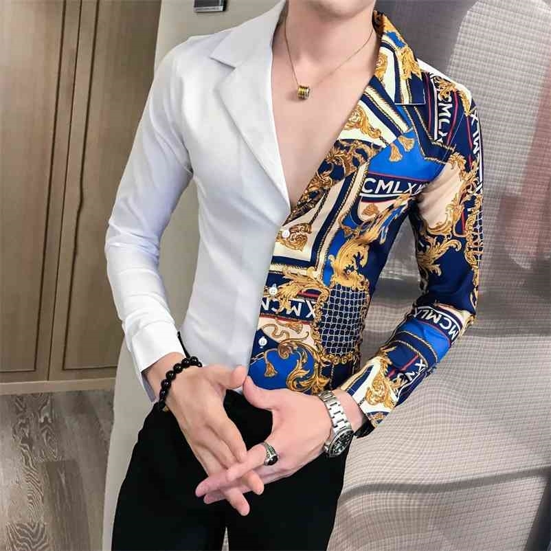 

Luxury Black Gold Shirt Autumn Baroque Men Long Sleeve Patchwork Casual Slim Fit Print Party Club 210708, White