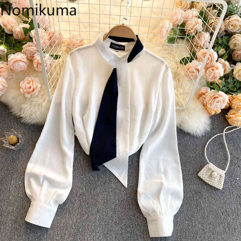 Nomikuma Korean Hit Color Lace Up Stand Neck Blouse Shirt Puff Sleeve Elegant Women Tops Spring Summer Blusas Mujer 6F339 210427
