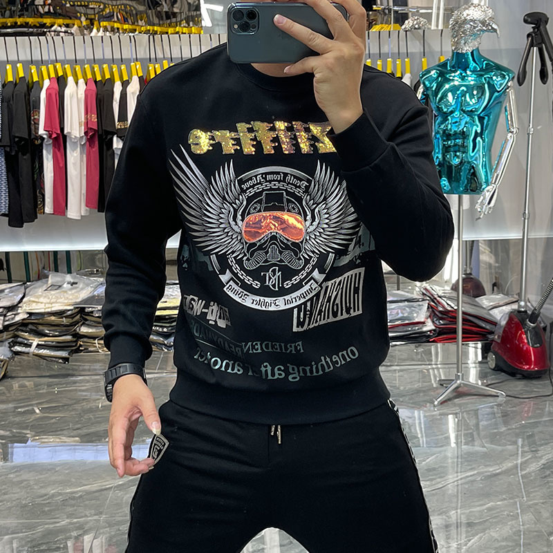 

men's hoodies & sweatshirts mens streetwear autumn fashion sequin letters sweatshirt men brand printing embroidery leisure round n, Black