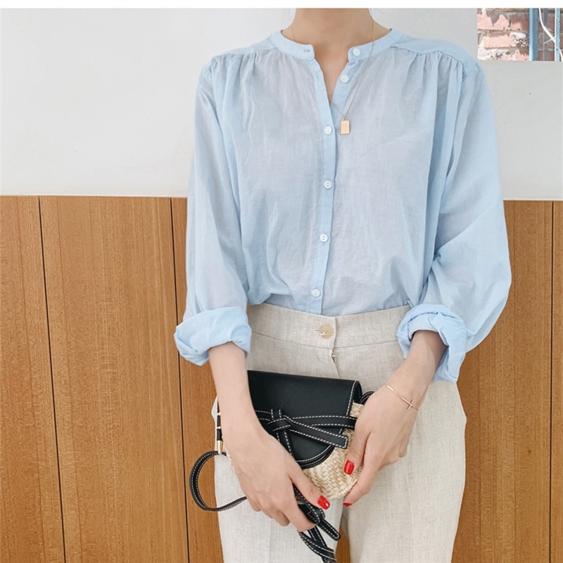 Solid Blue Shirt Spring Casual Tops Long sleeve Linen Cotton Girls Blouse Plus Size Women Blouses femme Blusas Mujer 210417Z