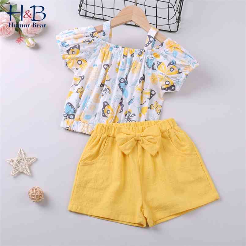 

Girls Clothing Set Short Sleeve Summer Floral Printed Top T-shirt+ Bow 2Pcs Suit Toddler Children's C 210611, Bz064 yellow