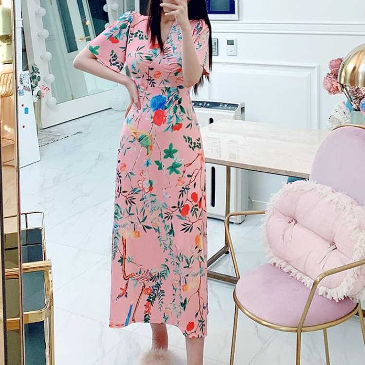 

summer ladies' temperament V-neck slim women's fashion print split dress Zippers Knee-Length Office Lady 210603, Mixed