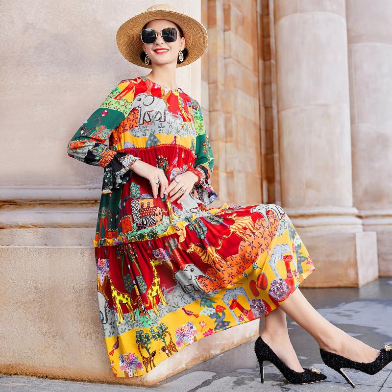

Casual Dresses 2021 Spring Summer Women O Neck Printed Floral Dress Fashion Long-Sleeved Loose Silk Ladies Plus Size Sundress, As picture