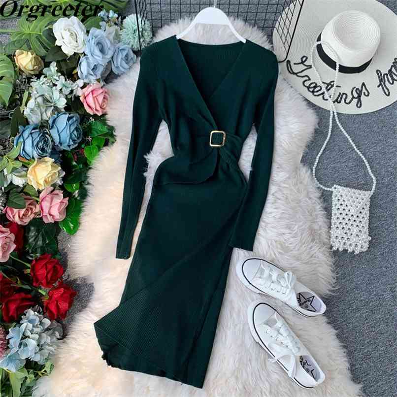 

4 Colors Choose Spring Bottoming Sweater Dress Korean Fashion V-neck Flod Long-sleeved Knee-legnth Knitted 210602, Black