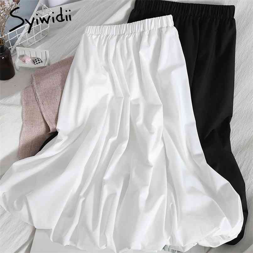 

Elastic High Waist Midi Skirts Women A-Line White Black Mid-Calf Summer Clothing Korean Fashion Casual Ball Gown 210607