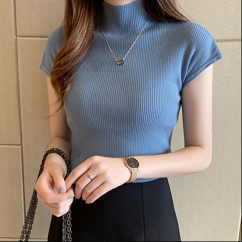 

women t shirt womens half turtleneck solid color fashion casual rib knitted short sleeve slim fit summer basic, White