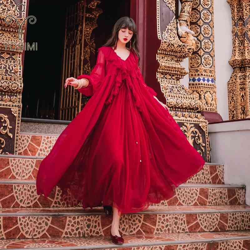 

YOSIMI Summer Mid-calf Chiffon Long Dress Full Sleeve Red Party Night Club Vestidos De Fiesta 2 Piece Outfit 210604