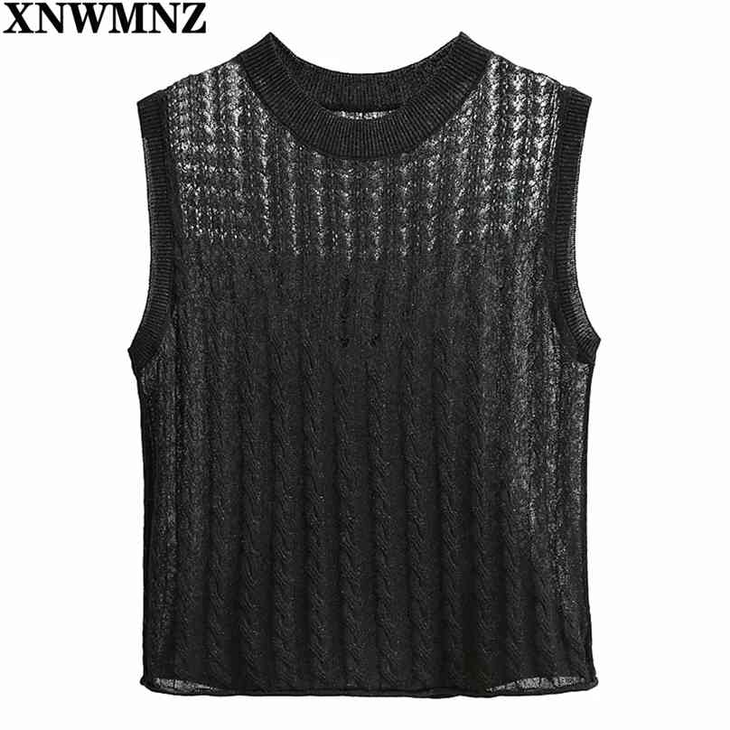 

women Fashion Black semi-sheer knit top Female Sexy round neck sleeveless Chic Summer Blusas Tops for women's 210520