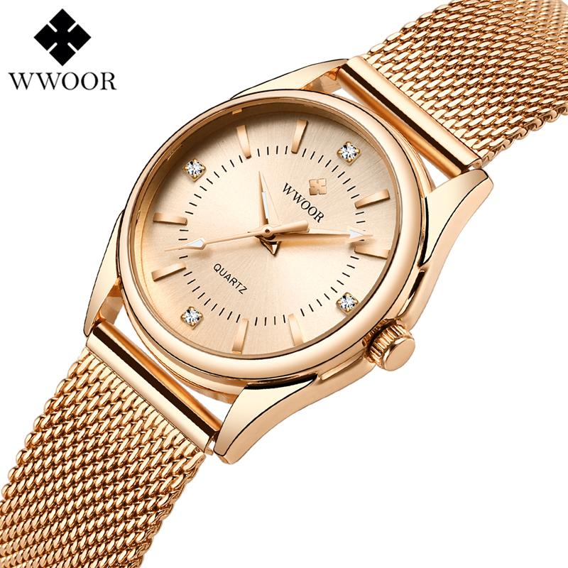 

Wristwatches WWOOR Women Watch Fashion Casual Quartz Watches Ladies Waterproof Wristwatch Stainless Steel Girl Clock Gift Relogio Feminino, Gold