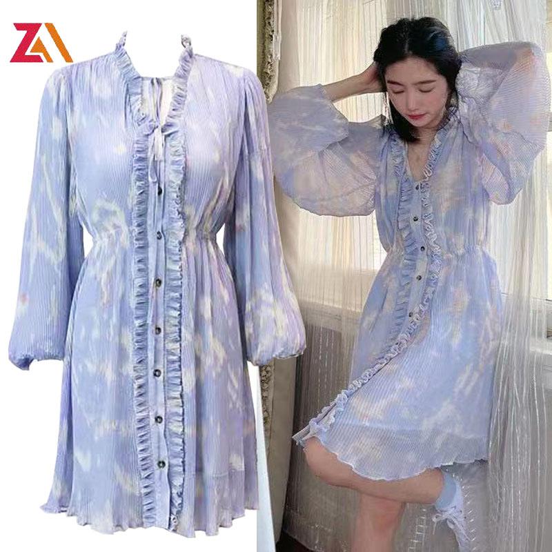 

Casual Dresses ZALady Designer Mini Dress Women Ruffles Elegant Drape Elastic Waist Lantern Long Sleeve Fashion Chic Femme, As picture