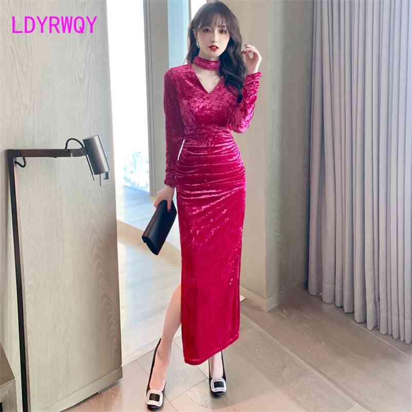 

Spring women' velvet dress slimmed down Office Lady Sheath Zippers Knee-Length Regular 210603, Rose red