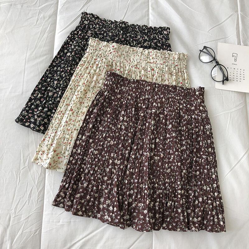 

Skirts Sweet Floral Pleated Skirt Women 2021 Summer Korean Elastic Waist Woman Retro Mini, Beige