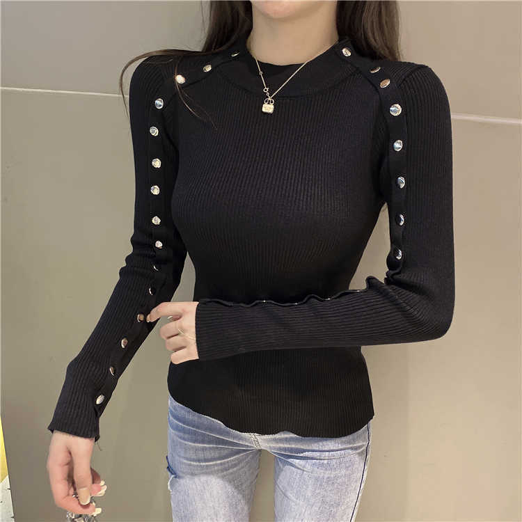 

Women Autumn Korean Fashion Long Sleeve Pullover Lady Sweater Slim Black Bottoming 210526, Khaki