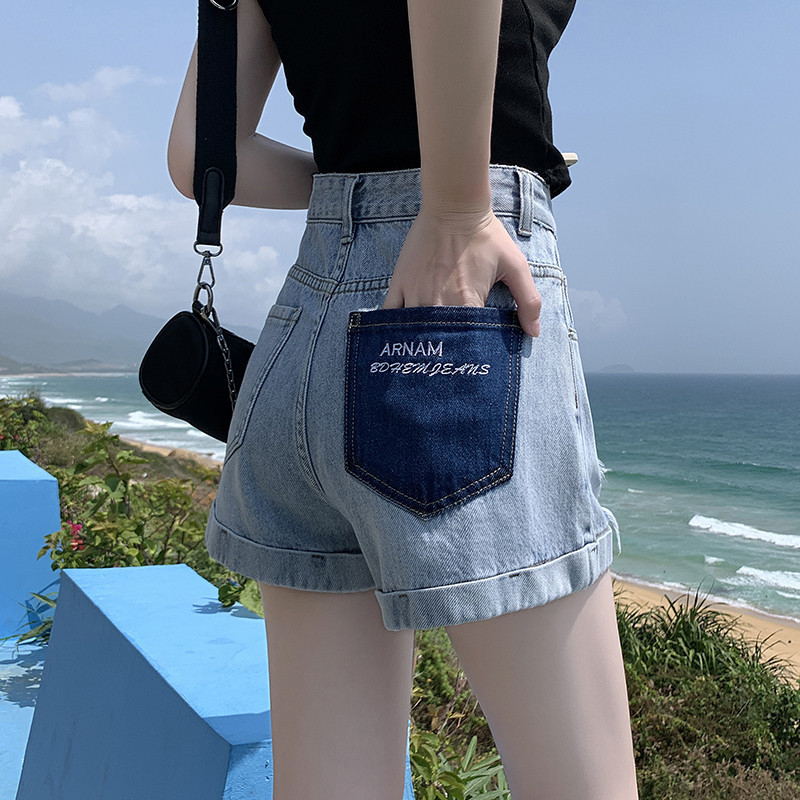 

women's jeans high waist denim shorts summer 2021 korean version thin contrast hole curling a-line wide leg pants, Blue