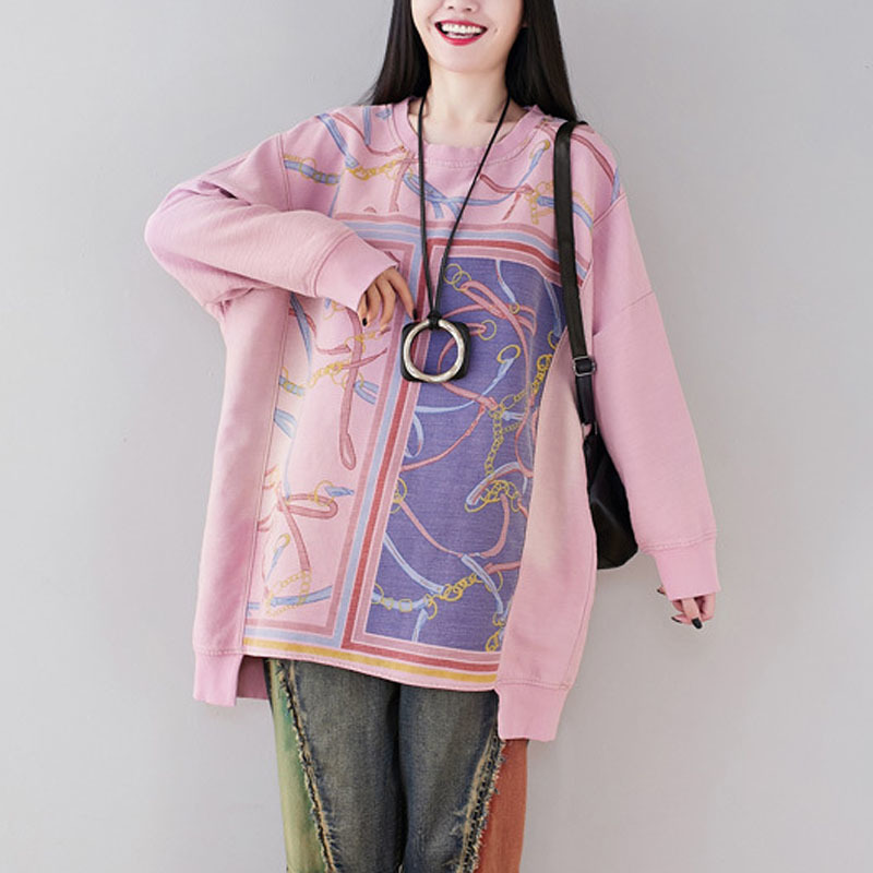 

Johnature Spring Fashion Floral Print O-neck Irregular Sweatshirt Loose Casual All-match Long Sleeve Women Pullover Top 210521, Blue