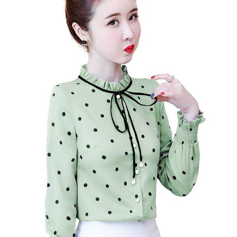 

Fashion Spring Summer Style Chiffon Blouses Casual Women Long Sleeve Polka Dot O-Neck Loose Women' Tops DF3446 210609, White
