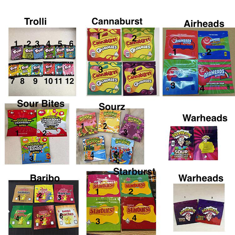 

Medicated Edibles Mylar Bags Trolli Trrlli Baribo Sourz Sour Bites Gummies Packaging foil Food package Sweetarts Oneup Starburst Cannaburst