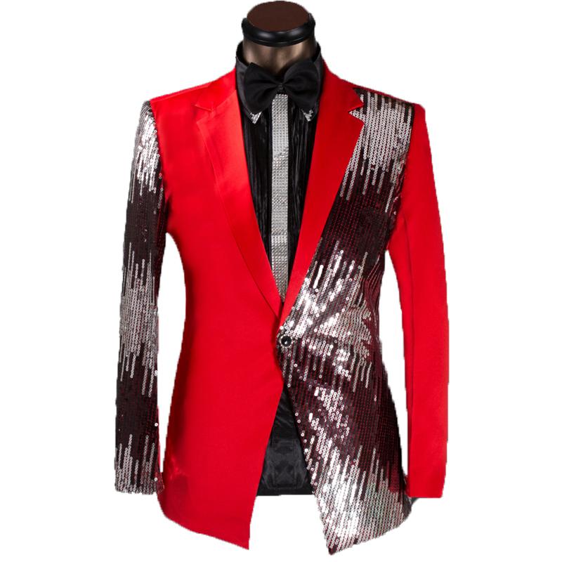 

Men's Suits & Blazers Sequin Bling Glitter Single Breasted Stage Costumes For Singers Mens Hip Hop Style Red Black Suit Jacket Shawl Collar
